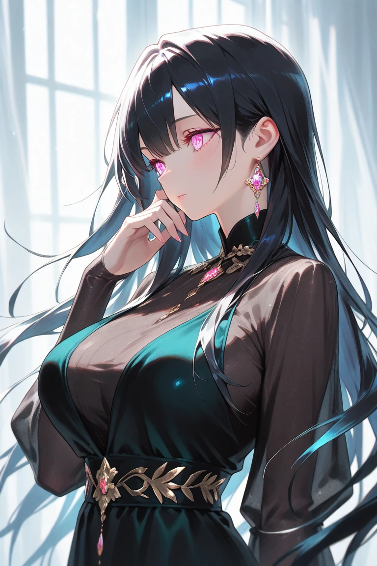 (high quality, 8k, 4K, high contrast, artwork:1.2, high quality, best aesthetics), (dynamic angle), ((1 woman)), erotic, sensual, mature body, super detailed, beautiful face detailed, detailed beautiful mouth, perfect breasts, wide thighs, sexy body, black hair, short hair, short straight hair, long hair bangs, black blindfold, blindfolded, black blindfold covering the eyes, sadistic facial expression, black lipstick, sexy long black dress with gold details, centered, looking at the viewer, erect body posture.