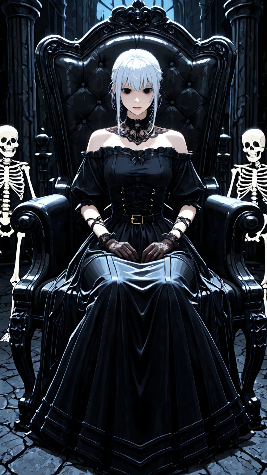{-erro_de_anatomia:1.0} woman 30 years old, victorian era,victorian clothes, (white dress), dark castle, a woman (witchcraft), very long blond hair (blond hair), (gray eyes) . Indifferent look , merciless. among the skulls, dinamic poses, egoist smile, sitting on the ground