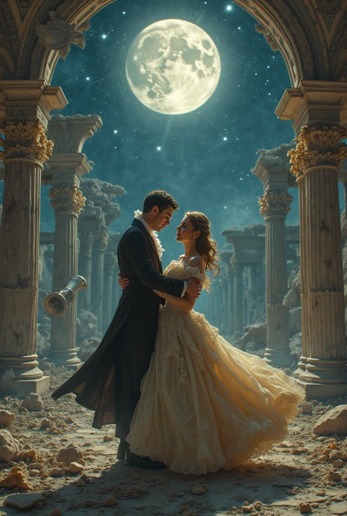 um casal apaixonado em uma noite de lua cheia, Price Romântics, eterna, linda, 8k cinematic image, obra prima, sentimental.