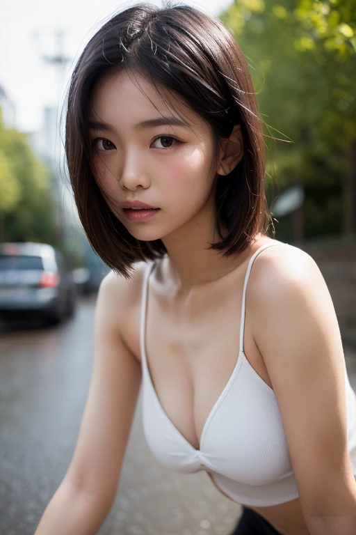 (Masterpiece),  ((Top Quality)),  ((8K Wallpaper)),  ((Ultra High Resolution)),  Good Composition,  (Ultra Detail),  Beautiful Art,  Artistic,  Realistic,  Beautiful,  Good Art,  Landscape,  Movie scene,  shiny skin,  detailed skin,  fine skin,  (beautiful hair),  (beautiful eyes),  (perfect ???????),  (realistic),  five-fingered delicate hand,  shot on canon,  film grain,  shot by Christopher Nolan,  hard shadow,  masterpiece,  best quality,  Intricate,  High Detail,  analog style,  (soft focus:0.6),  modelshoot style,  film grain,   photo of a beautiful girl, (((boyish and healthy girl))), (High school girl),   abeautiful trained body ,  sweaty skin,  short hair,  (perfect eyes),  (detailed eyes), (High school girl)
, impossible, absurd
, チョーカー