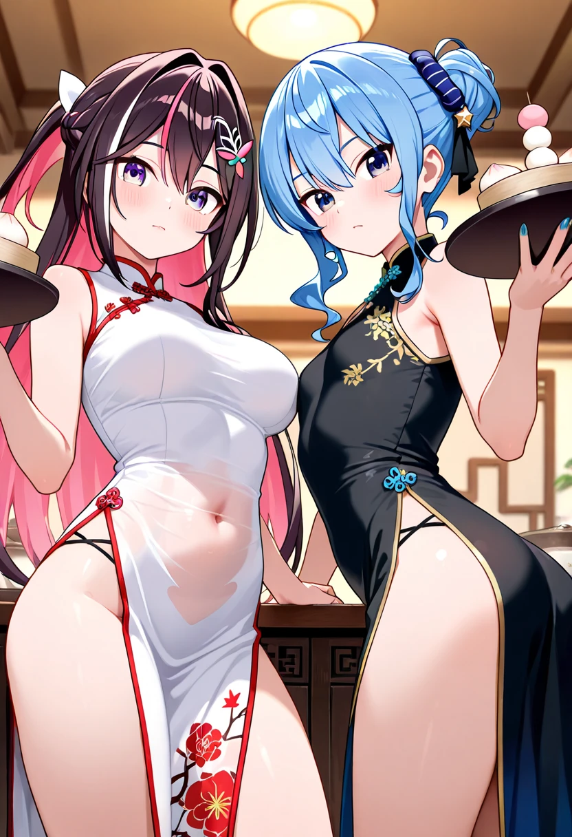 (perfect anatomy, anatomically correct, super dense skin), 1 girl, alone, Japanese, 18-year-old, 7 head and body, (Super oily and shiny skin with fine texture:1.1), look at the scenery, (smile:1.5, happiness), beautiful hair, beautiful face, fine and beautiful eyes, red eyes, (long hair:1.4, twin tails :1.7), black hair, (large chests:1.2), (cute face), (ideal body proportions), beautiful clavicle, beautiful body, 美しいchest, beautiful thighs, beautiful feet, chest, barefoot, bare arms, thin, small ass, thin脚, (red cheongsam, high heels, chestを大きく開く, valley), (beautiful scenery), beautiful ramen shop, walk, (put the tray in your hand), (8K, highest quality, masterpiece:1.2, very detailed), (realistic), beautiful art, visual art, written boundary depth, cinematic lighting, surrealism, written boundary depth, elaborate design,