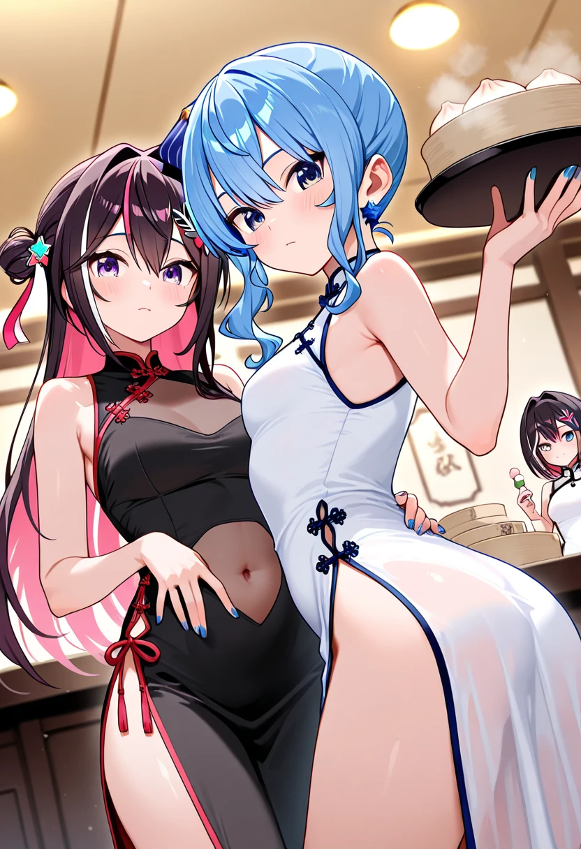 Two sisters in underwear eat Chinese food with gusto、Big boobs and small boobs、A thin cute blue bra、Thin cute blue underwear、Large serving of salt ramen, fried rice and gyoza set meal、Beer in a mug、