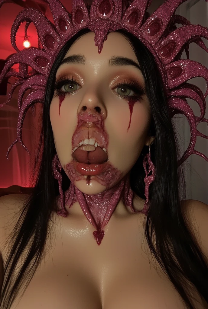 A female demon eating a donut in her mouth, Lilith, (whole body:1.5), (Beautiful and elaborate eyes glow red:1.4), (Large bat-like demon wings:1.4), (Tie your hair into two ponytails to create large bull horns),