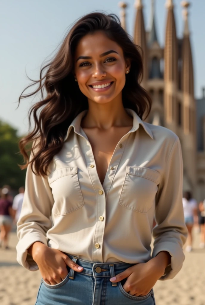 Illustration of the highest quality, masterpiece, Beautifully detailed eyes, (light brown skin), wavy brown hair, standing, constitute, bright lips, full lips, (natural lighting), in a coffee-growing urban town, day, entrepreneur, worker, well dressed, nice denim pants, beautiful blouse,  beautiful smile, beautiful gesture