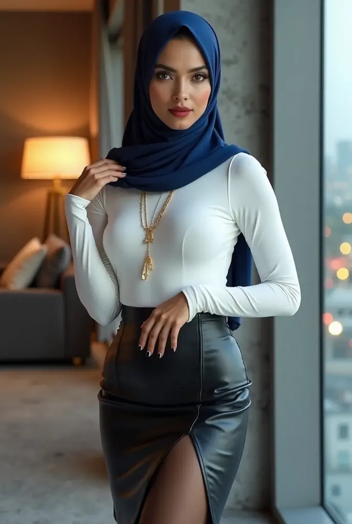 A Muslim 25 years Indian muslim girl wearings a jeans pant ,sexy white shirt , , showing big boobs cleavage,big ass ,height 05.10 ,a high heels ,a short hijab , realistic photo , in a office