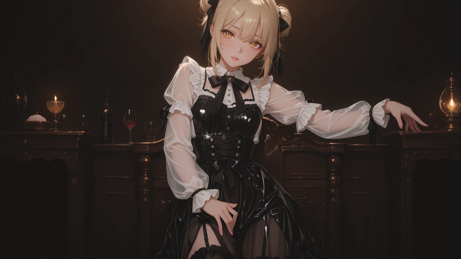 sitting on table, masterpiece, best quality, 1girl, paimondef, medium hair, smile, petite, flat chest, wide hips, thick thighs, fishnet pantyhose, (frilled dress shirt), juliette sleeves, (leotard, leotard under clothes), frills, rabbit ears hairband, indoors, upper body, <lora:paimon1:0.9> <lora:Fishnet:0.5>