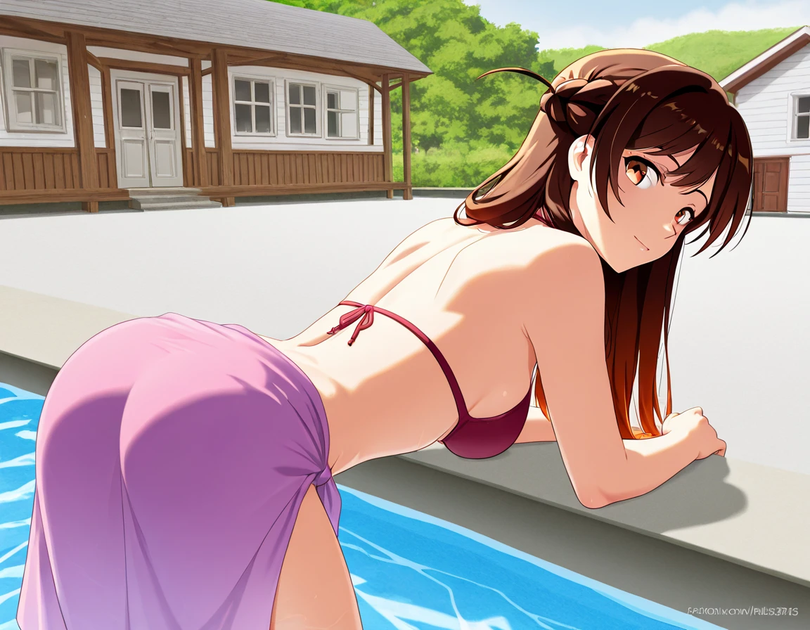 from behind, 1girl, brown eyes:(1.5), brown hair, long hair, straddling chair, ass, micro bikini, rear boob