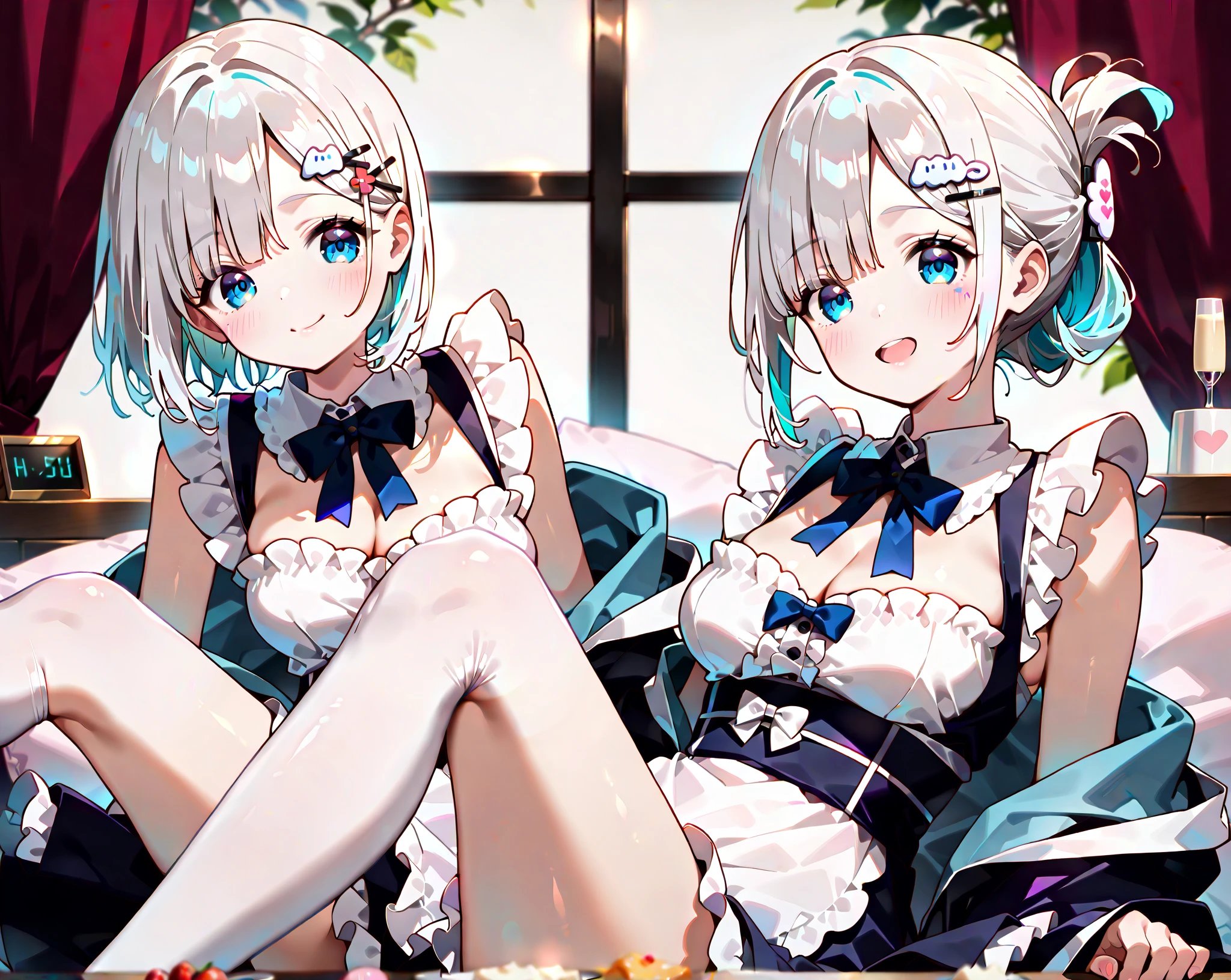 beautiful, masterpiece, Highest quality, anime, One girl, C Cup,Portrait Shot, View your viewers, Covered、Short Hair、nearby、Blue Eyes、art、、White hair,Blue streaked hair、wallpaper、hairpin、Cute smile、Thighs、、Cute、Frilled school swimsuit