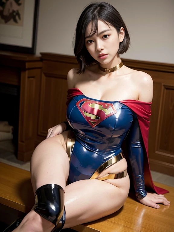 masterpiece、Supergirl Costume、short hair、barefoot、Big and ample breasts、Crisis situation、Complete surrender、Inside the prison、torture chamber、Abused、Humiliating torture、Squatting Pose、shiny sweaty skin、looking at the camera、choker、Long sleeve、Sexy poses to seduce、Off the shoulder、latex、from right in front、Crotch tearing、athlete、High leg、Wall-don state、