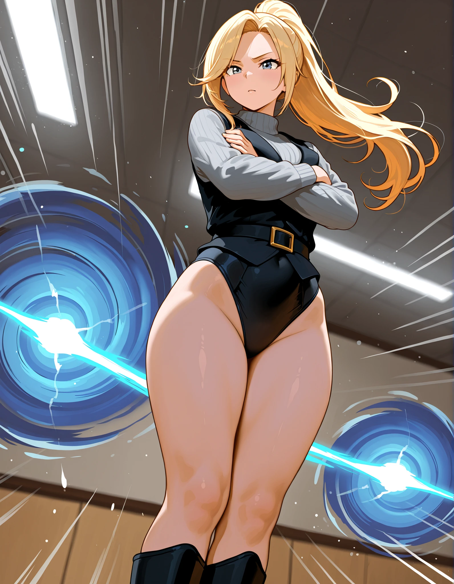 masterpiece, best quality, agrias, grey sweater, black leotard, twirl, spin, blonde hair, superhero, boots, tornado, whirlwind, solo, bare legs, whirl, wind effects, spinning into a tornado, fast spin, stand, time travel, travelling through time, highleg