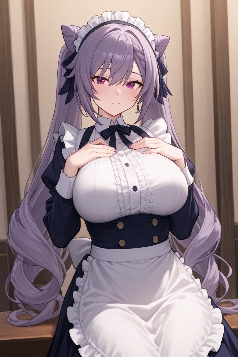 1girl, dress, (purple hair, purple eyes:1), long hair, mob cap, ribbon, dress, smile, massive breasts, chubby, wide hips, thick, oversized breasts