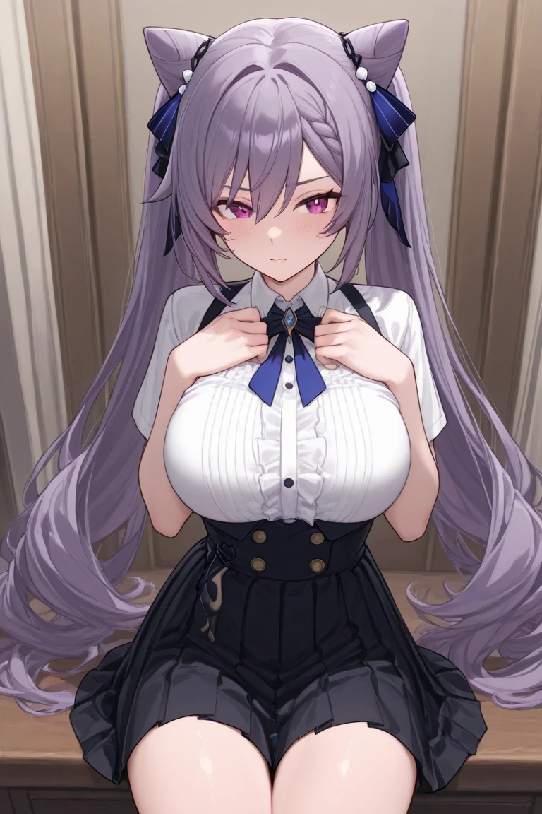最high quality, high quality, Super detailed, 16K, Ultra-detailed details, pretty girl, alone, beautiful purple hair, Beautiful purple eyes, Big Breasts, A light smile, Summer clothes, Summer Maid clothes, I'm lifting my skirt, Blue and white color striped underwear(Bikini swimsuit under skirt), My crotch is wet with love juice, {{A succubus who steals the face skin and maid uniform from the girl she likes and plays pranks on her、I'm wearing a maid outfit while pretending to be the girl I like.}}, Full body image, NSFW