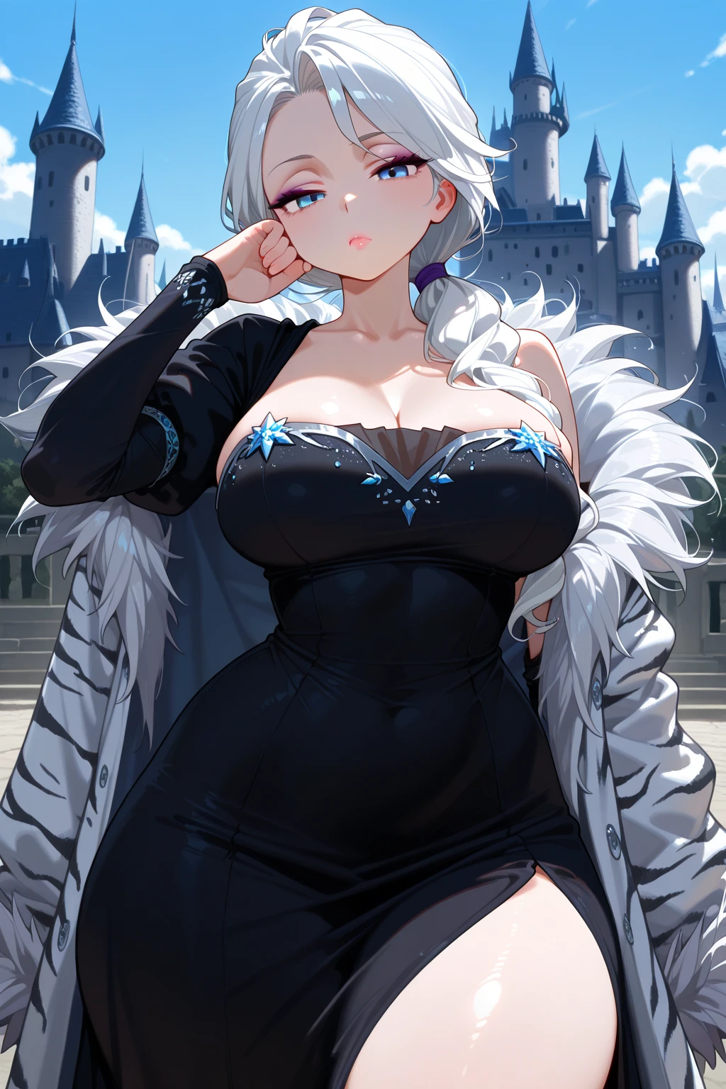 female, solo, young, sexy body, voluptuous figure, tightsuit, white hair, decolored blonde hair, ice effects around, ice queen, beautifull face, long hair, defined body, yellow and bright eyes, thick legs, strong legs, tall, Voluptuous legs, huge ass, big hip, big ass, female sorcerer, blue and black robes,