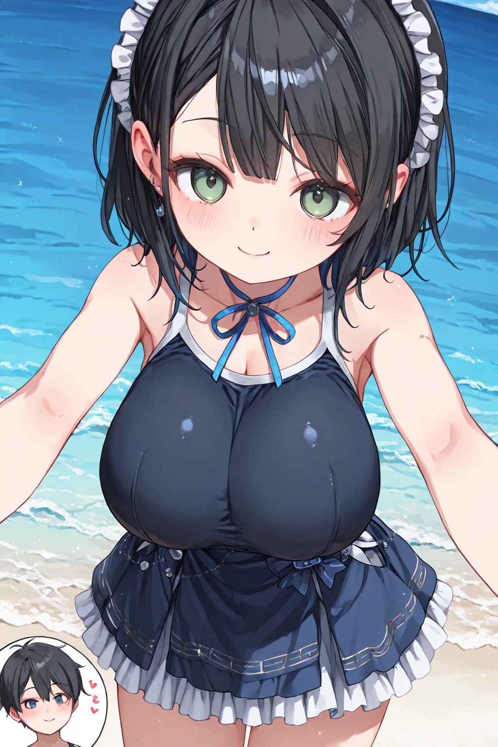 masterpiece、Very detailed、(One Girl:1.2)、Black Hair、Big eyes、Close-up、Laughter、8k、short hair、Shining Eyes, Micro Bikini, Beach, mini skirt、Twin tails、Hands holding breasts、Sideboob、Gummy、Big Breasts、Bow-legged、Chin chin、Masturbation