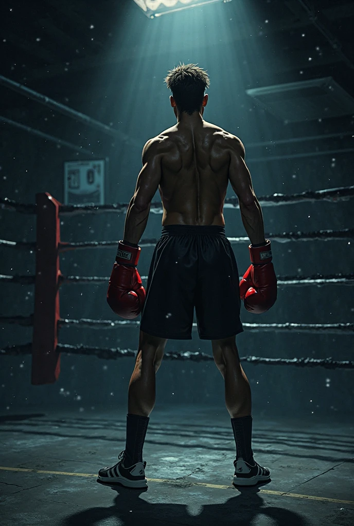 a boxer in the ring training back boxing , catch contour of your body with light long exposure photography,In motion blur, written the word "Rise Again" in the boxing ring very focused, But I have an amazing figure, although blurry, Attract attention. one shot, Three Shot. , The message I want to convey is that dreams exist. , The Ewstrilo phenomenon is real , 48k cinematic compositing made in Photoshop with richer shadows. Use the rule of thirds, Use colors that evoke nostalgia and hope. cinematic