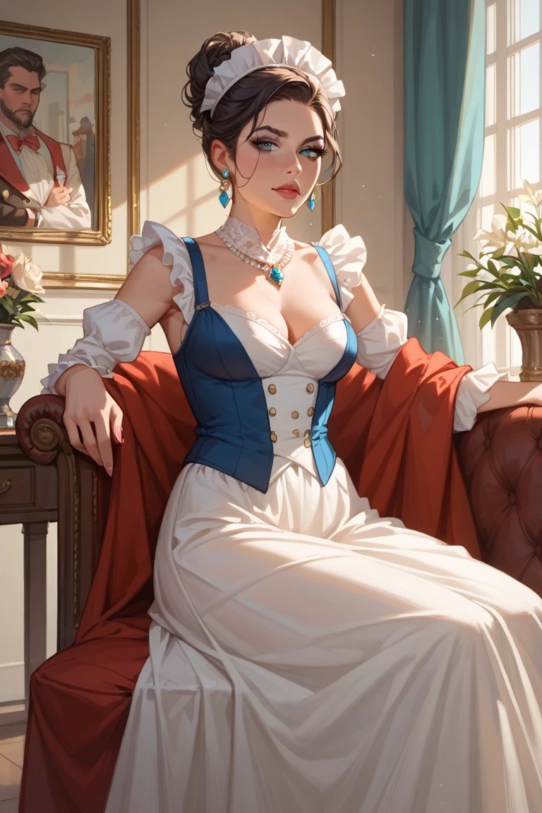 Lysandra, a highly detailed illustration in a 4K resolution. She is a young and beautiful courtesan known for her enchanting musical talents. Lysandra is depicted as a graceful woman with long, flowing golden hair and striking violet eyes. She has a slender build and an ethereal presence, exuding both charm and serenity. She is wearing an elegant gown in shades of lavender and silver, adorned with delicate embroidery and jewels that catch the light. Lysandra holds a lute, her fingers poised to play, and her expression is serene and captivating. The background includes elements of the House of Valenforde, such as rich decor and plush furnishings, highlighting her role within the establishment. The overall scene reflects her musical talents, charm, and the enchanting atmosphere she creates.