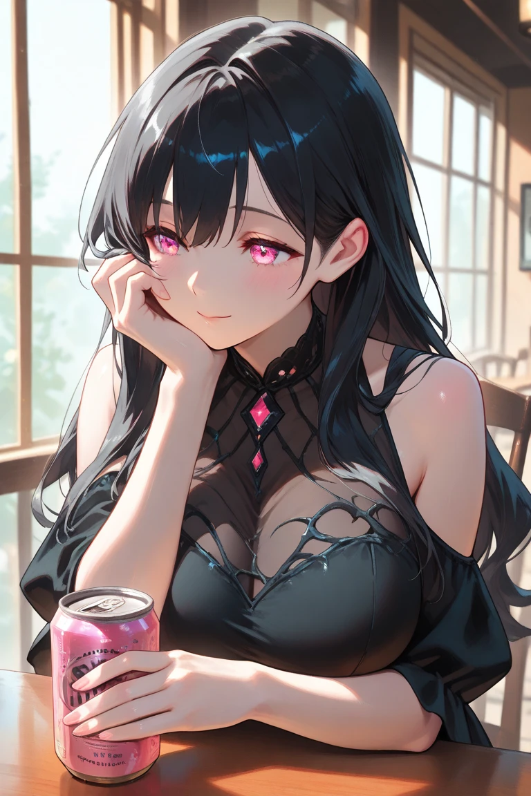masterpiece, best quality 1girl, solo, beautiful  woman, bangs, black hair, very long hair, ponytail, blue eyes, deep blush, grin, large breasts, black dog collar, black playboy bunny outfit, cowboyshot, looking at viewer, strip club background 