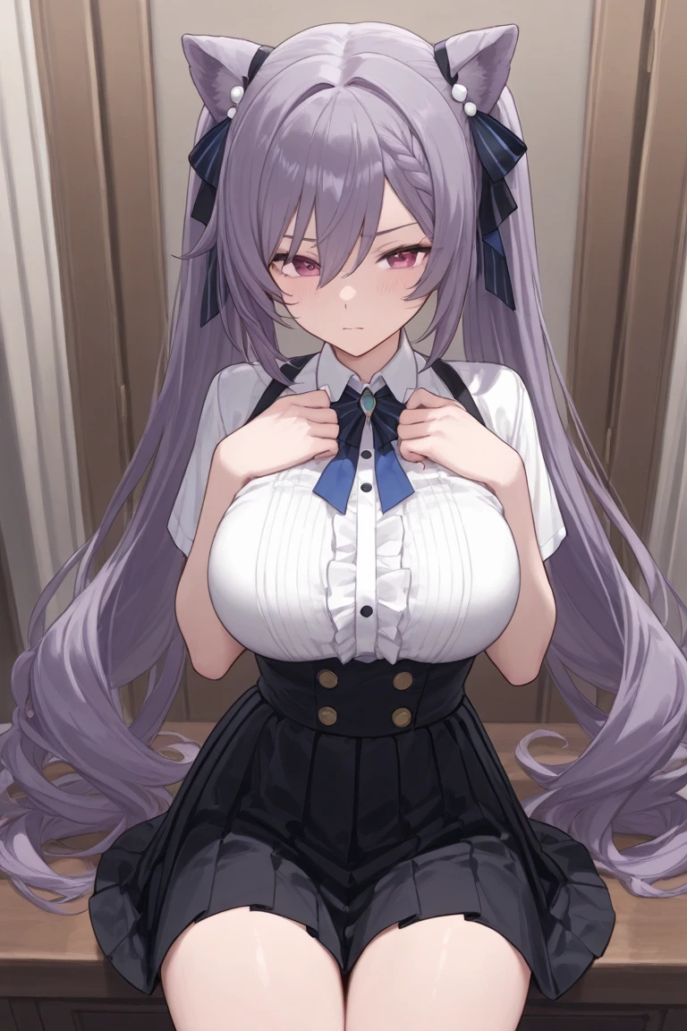 最high quality, high quality, Super detailed, 16K, Ultra-detailed details, pretty girl, alone, beautiful purple hair, Beautiful purple eyes, Big Breasts, A light smile, Summer clothes, Summer Maid clothes, I'm lifting my skirt, Blue and white color striped underwear(Bikini swimsuit under skirt), My crotch is wet with love juice, {{A succubus who steals the face skin and maid uniform from the girl she likes and plays pranks on her、I'm wearing a maid outfit while pretending to be the girl I like.}}, Full body image, NSFW
