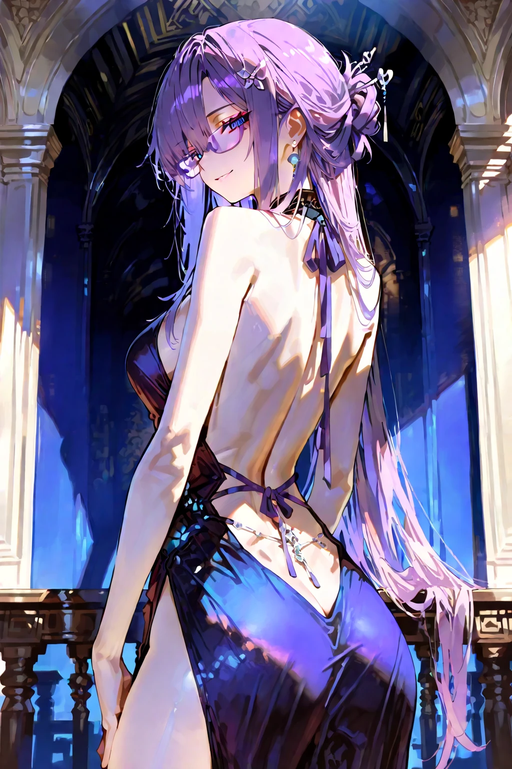 ((highest quality)),(ultra high resolution),(Super detailed),(detailed description),((best CG)),(best work of art),super precision art,great drawing art,(Art with precise details:1.5), (1 noblewoman:1.6),beautiful and well-shaped face:1.5,light makeup:1.6,(Colorful backless dress with intricate details:1.8),coiffed hair:1.6, old castle balcony:1.5,sunset sky:1.5
