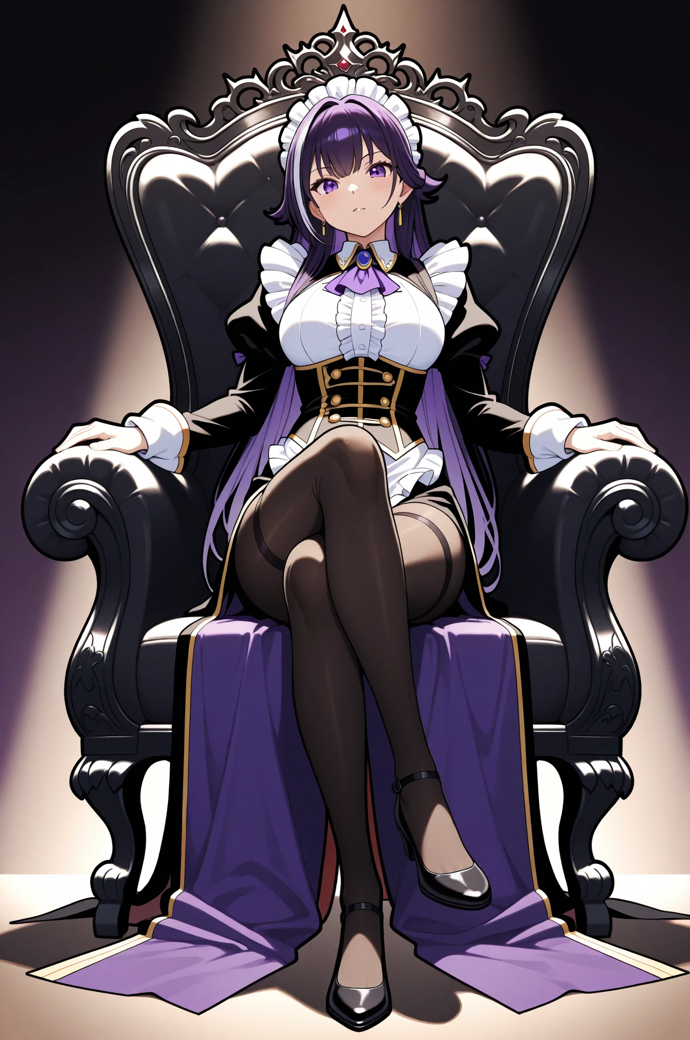 ((best quality)), ((masterpiece)), (detailed), perfect face, purple hair, purple cat ears and cat tail, glowing purple eyes, DD cup breasts, thick thighs, sheer white blouse, black pencil skirt, showing soles of feet, to view sitting on a throne, goddess background