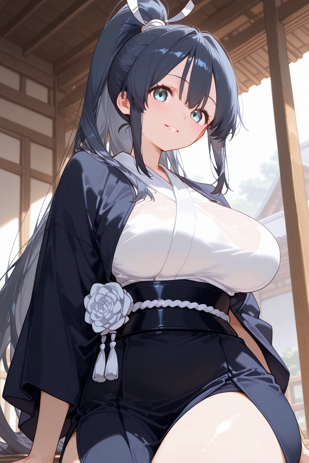 A dark-haired、Long hair that goes down to the waist、Blue eyes、Blue kimono、Beautiful woman with big breasts、Japan garden in the background、The kimono is a little transparent、A slightly shy face、