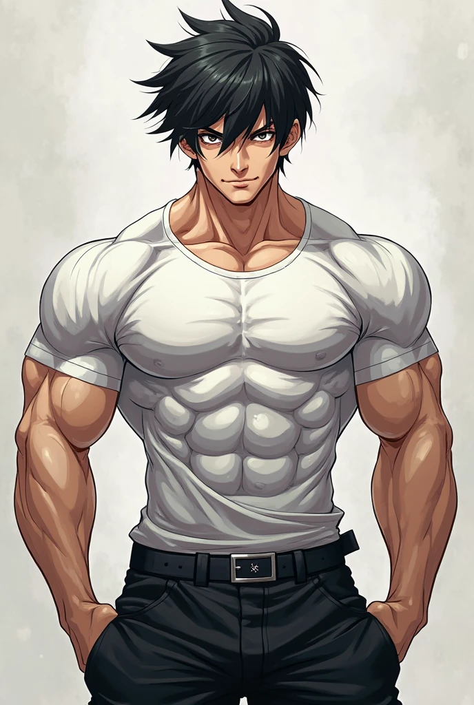I want a character with an average body, muscles, medium hair and black hair..
