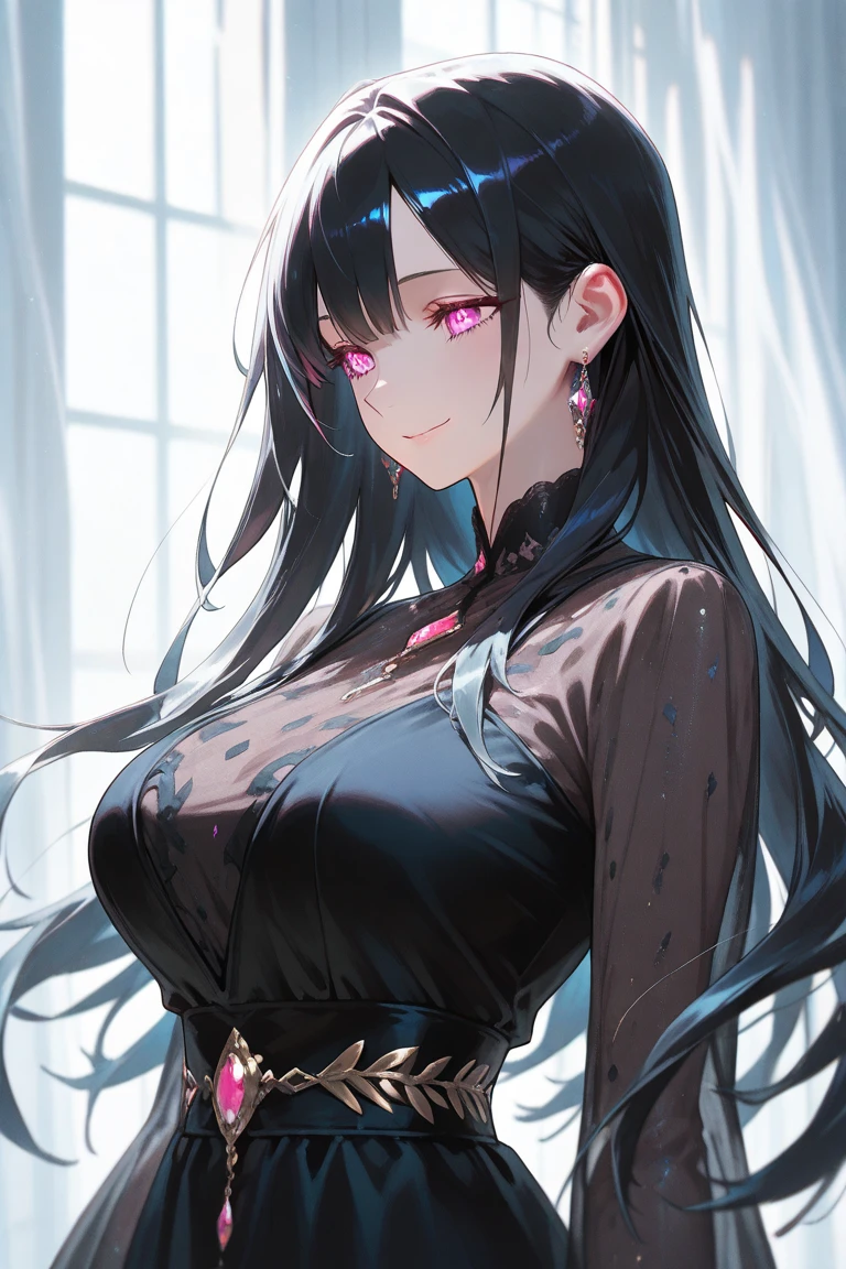 4K,High resolution, (Highly detailed CG,8k,wallpaper)、One five-year-old ,((Young Girl)),((Lori)),(Delicate and slim body),(low length),(Clean detailed eyes,smile),(Beautiful and large breasts),(Big Breasts),(Big Breasts),(Bodycon Jumpsuit,Black Suit),(Black Hair,Pink inner color hair)