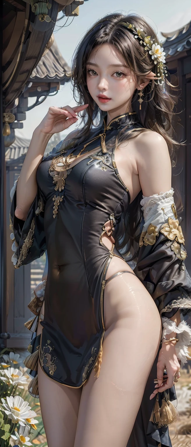 realistic, 1 women, best quality, 12k, HD, long hair, big round breasts, cleavage, ponytail, necklace, jewelry, shorts, short jacket, slim hips, hair tie, yellow eyes, black hair, super detailed, Eye details, hair details, person details, mouth details, face details, breast details, clothes details, hair details, pants details, hand details, whole body