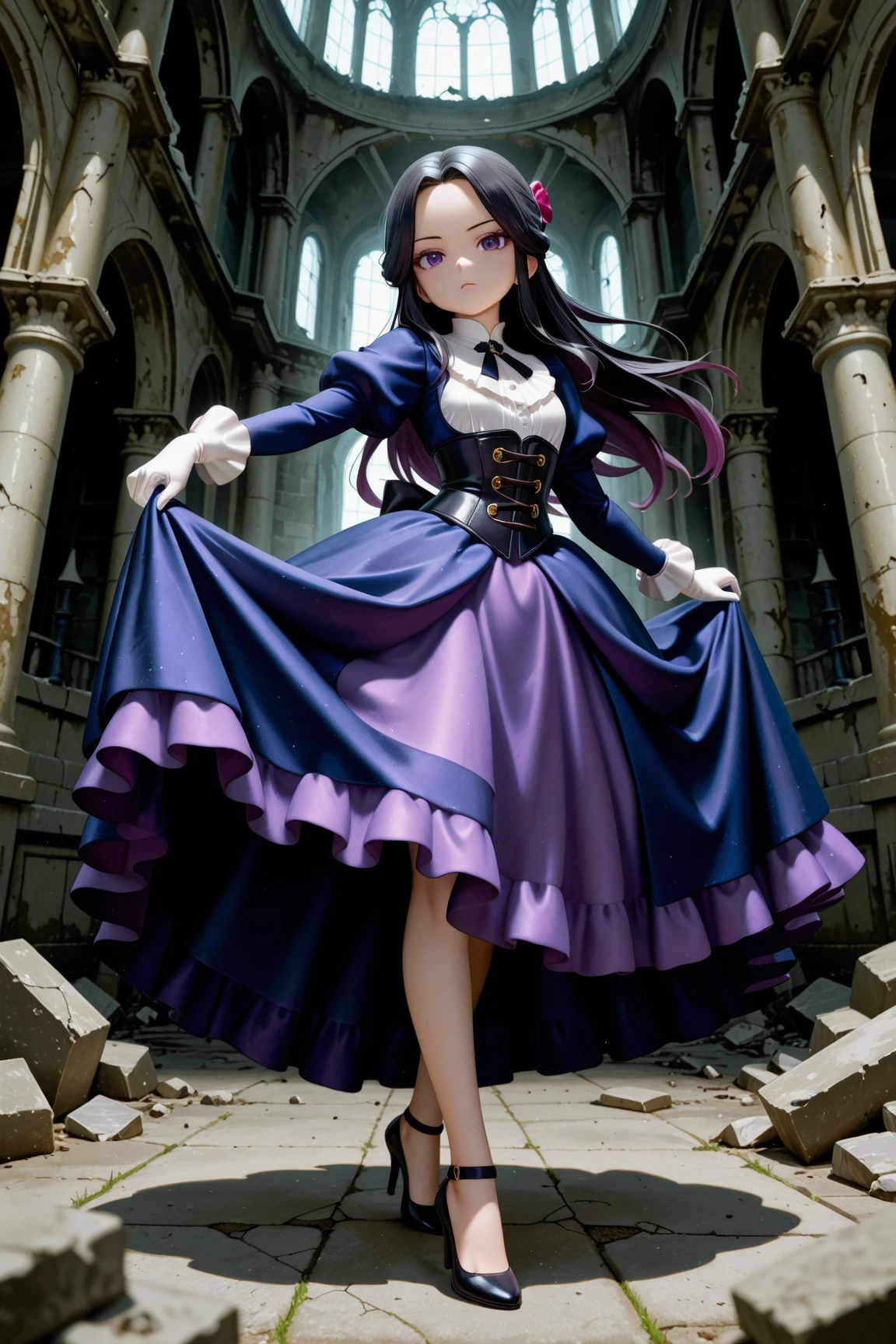 masterpiece, highest quality, amazing quality, perfect face, highest resolution, anime style,  anime style, 1lady, solo, young lady, villain, villain, bad guy, villain face, villain, cowardly, unpleasant young lady, young lady, evil, evil young lady, thin black hair, long hair, hairstyle with part tied back, forehead exposed, 7:3 parted bangs, young lady laugh, loud laughter, evil young lady, villain, hair shadow on eyes, strong shadow, young lady dress, princess dress, young lady dress, black, navy blue and purple frilly dress, dress with fur, Dress with high collar, villain dress, classic dress, long skirt dress, puffy skirt, corset, white gloves, high heels, fan with fur, bad girl pose, full body, dynamic pose, low angle, pose of a villainous young lady, apocalypse, aristocrat, aristocrat's clothes, medieval dress, corset, medieval hairstyle with hair in tangles, expressionless, Lifting rubble, strong, superhuman strength, tattered classic dress, dilapidated aristocrat's mansion, dilapidated classical architecture, abandoned classical architecture, ruins, dim, negative atmosphere