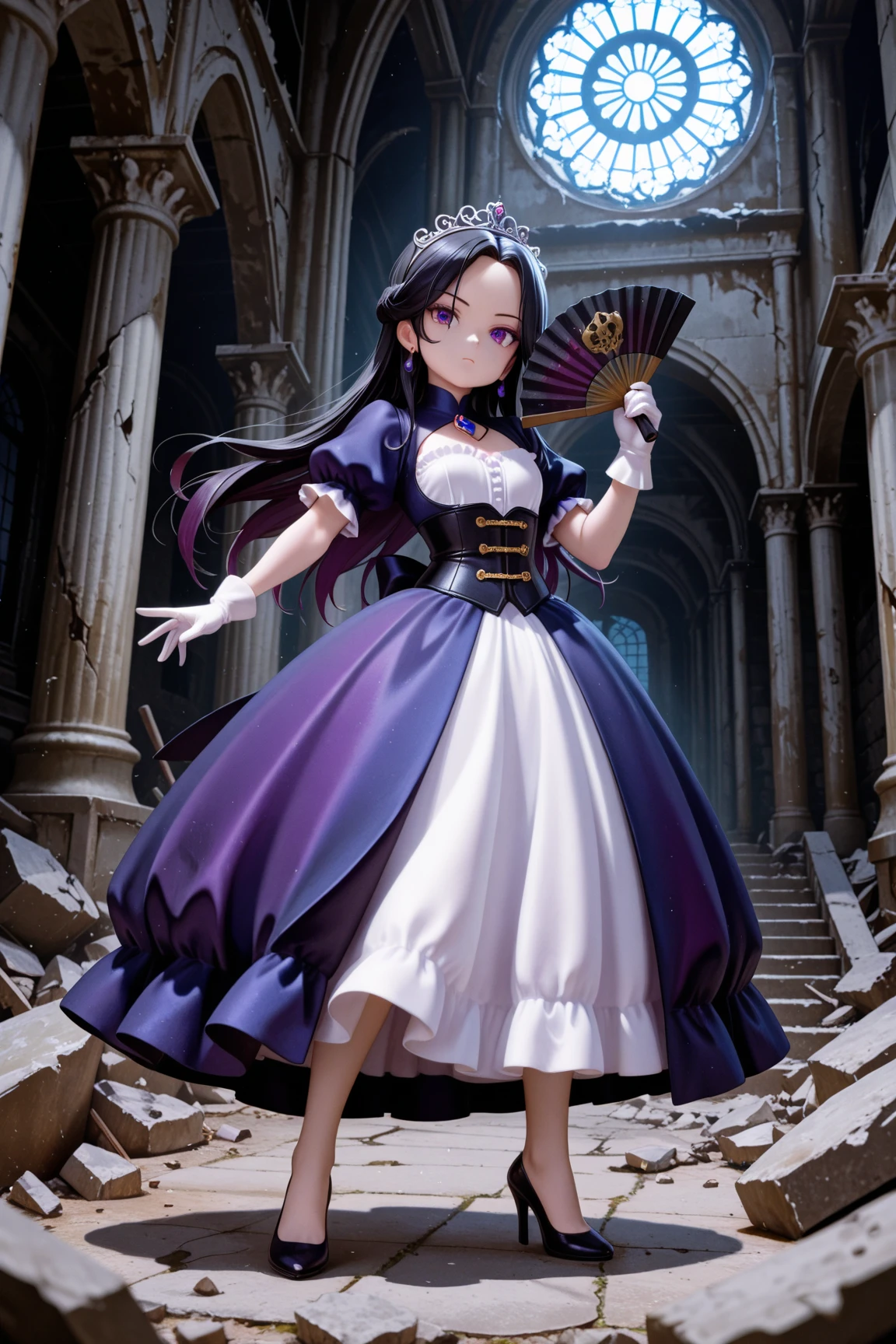 masterpiece, highest quality, amazing quality, perfect face, highest resolution, anime style,  anime style, 1lady, solo, young lady, villain, villain, bad guy, villain face, villain, cowardly, unpleasant young lady, young lady, evil, evil young lady, thin black hair, long hair, hairstyle with part tied back, forehead exposed, 7:3 parted bangs, young lady laugh, loud laughter, evil young lady, villain, hair shadow on eyes, strong shadow, young lady dress, princess dress, young lady dress, black, navy blue and purple frilly dress, dress with fur, Dress with high collar, villain dress, classic dress, long skirt dress, puffy skirt, corset, white gloves, high heels, fan with fur, bad girl pose, full body, dynamic pose, low angle, pose of a villainous young lady, apocalypse, aristocrat, aristocrat's clothes, medieval dress, corset, medieval hairstyle with hair in tangles, expressionless, Lifting rubble, strong, superhuman strength, tattered classic dress, dilapidated aristocrat's mansion, dilapidated classical architecture, abandoned classical architecture, ruins, dim, negative atmosphere
