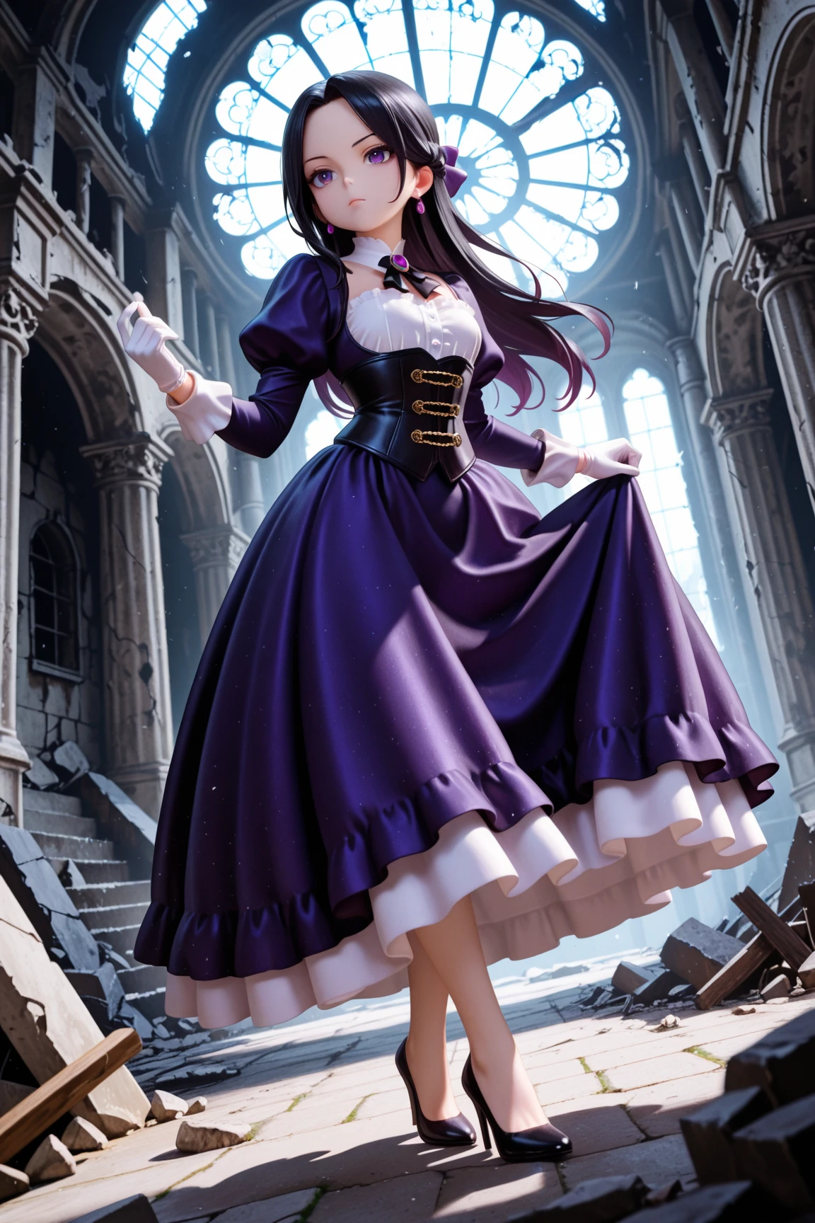 masterpiece, highest quality, amazing quality, perfect face, highest resolution, anime style,  anime style, 1lady, solo, young lady, villain, villain, bad guy, villain face, villain, cowardly, unpleasant young lady, young lady, evil, evil young lady, thin black hair, long hair, hairstyle with part tied back, forehead exposed, 7:3 parted bangs, young lady laugh, loud laughter, evil young lady, villain, hair shadow on eyes, strong shadow, young lady dress, princess dress, young lady dress, black, navy blue and purple frilly dress, dress with fur, Dress with high collar, villain dress, classic dress, long skirt dress, puffy skirt, corset, white gloves, high heels, fan with fur, bad girl pose, full body, dynamic pose, low angle, pose of a villainous young lady, apocalypse, aristocrat, aristocrat's clothes, medieval dress, corset, medieval hairstyle with hair in tangles, expressionless, Lifting rubble, strong, superhuman strength, tattered classic dress, dilapidated aristocrat's mansion, dilapidated classical architecture, abandoned classical architecture, ruins, dim, negative atmosphere