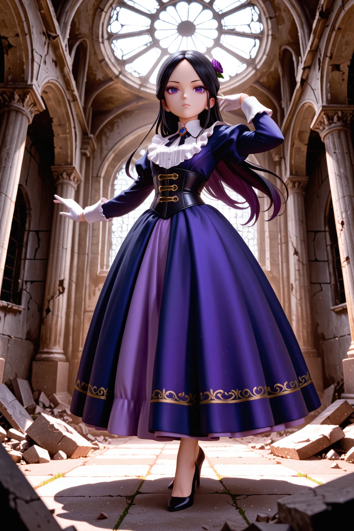 masterpiece, highest quality, amazing quality, perfect face, highest resolution, anime style,  anime style, 1lady, solo, young lady, villain, villain, bad guy, villain face, villain, cowardly, unpleasant young lady, young lady, evil, evil young lady, thin black hair, long hair, hairstyle with part tied back, forehead exposed, 7:3 parted bangs, young lady laugh, loud laughter, evil young lady, villain, hair shadow on eyes, strong shadow, young lady dress, princess dress, young lady dress, black, navy blue and purple frilly dress, dress with fur, Dress with high collar, villain dress, classic dress, long skirt dress, puffy skirt, corset, white gloves, high heels, fan with fur, bad girl pose, full body, dynamic pose, low angle, pose of a villainous young lady, apocalypse, aristocrat, aristocrat's clothes, medieval dress, corset, medieval hairstyle with hair in tangles, expressionless, Lifting rubble, strong, superhuman strength, tattered classic dress, dilapidated aristocrat's mansion, dilapidated classical architecture, abandoned classical architecture, ruins, dim, negative atmosphere