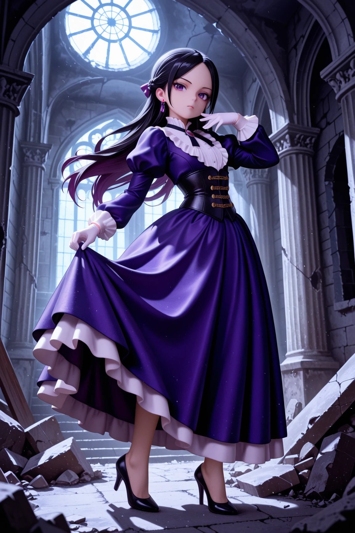 masterpiece, highest quality, amazing quality, perfect face, highest resolution, anime style,  anime style, 1lady, solo, young lady, villain, villain, bad guy, villain face, villain, cowardly, unpleasant young lady, young lady, evil, evil young lady, thin black hair, long hair, hairstyle with part tied back, forehead exposed, 7:3 parted bangs, young lady laugh, loud laughter, evil young lady, villain, hair shadow on eyes, strong shadow, young lady dress, princess dress, young lady dress, black, navy blue and purple frilly dress, dress with fur, Dress with high collar, villain dress, classic dress, long skirt dress, puffy skirt, corset, white gloves, high heels, fan with fur, bad girl pose, full body, dynamic pose, low angle, pose of a villainous young lady, apocalypse, aristocrat, aristocrat's clothes, medieval dress, corset, medieval hairstyle with hair in tangles, expressionless, Lifting rubble, strong, superhuman strength, tattered classic dress, dilapidated aristocrat's mansion, dilapidated classical architecture, abandoned classical architecture, ruins, dim, negative atmosphere