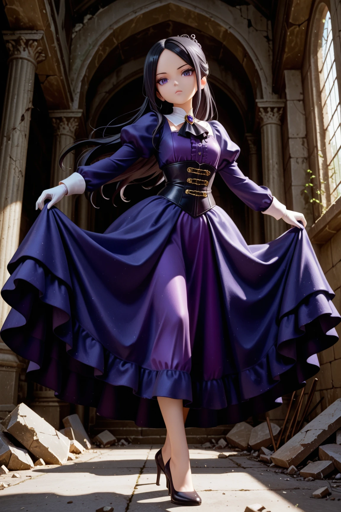 masterpiece, highest quality, amazing quality, perfect face, highest resolution, anime style,  anime style, 1lady, solo, young lady, villain, villain, bad guy, villain face, villain, cowardly, unpleasant young lady, young lady, evil, evil young lady, thin black hair, long hair, hairstyle with part tied back, forehead exposed, 7:3 parted bangs, young lady laugh, loud laughter, evil young lady, villain, hair shadow on eyes, strong shadow, young lady dress, princess dress, young lady dress, black, navy blue and purple frilly dress, dress with fur, Dress with high collar, villain dress, classic dress, long skirt dress, puffy skirt, corset, white gloves, high heels, fan with fur, bad girl pose, full body, dynamic pose, low angle, pose of a villainous young lady, apocalypse, aristocrat, aristocrat's clothes, medieval dress, corset, medieval hairstyle with hair in tangles, expressionless, Lifting rubble, strong, superhuman strength, tattered classic dress, dilapidated aristocrat's mansion, dilapidated classical architecture, abandoned classical architecture, ruins, dim, negative atmosphere