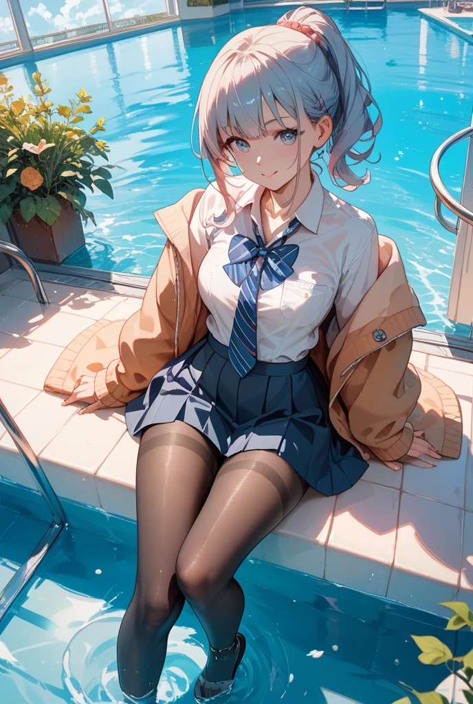 (Masterpiece, BestQuality:1.3), (ultra detailed:1.2), (hyperrealistic:1.3), (RAW photo:1.2), High detail RAW color photo, professional photograph, (Photorealistic:1.4), (realistic:1.4), (Pink Hair:1.5), professional lighting, perfect anatomy, (Big Breasts:1.2), (blush, detailed face), (A happy smile:1.7), sexly, erotic sexly, Random sexy gravure poses, (Pink cardigan and white shorts、Pink Sandals、Pose with feet in the water by the pool。The watch stands out。:1.3)