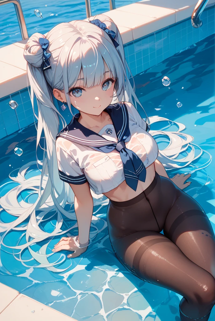 (​masterpiece、top-quality)、From  above、独奏、1girl in、a 1 girl、is standing、Mare、a smile、School swim wear、frilld、large full breasts、nsfw
