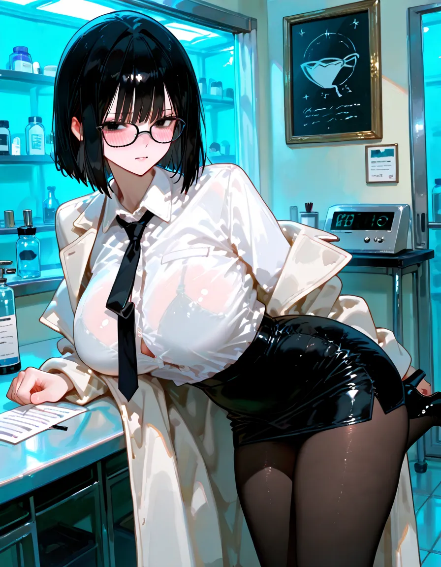 mature woman, mature face, hot face, glossy lips, (black hair, short hair, hime bangs), mature body, big breast, magenta bra, lab coat, violet thong, lab, tongue out, kneeling, drooling