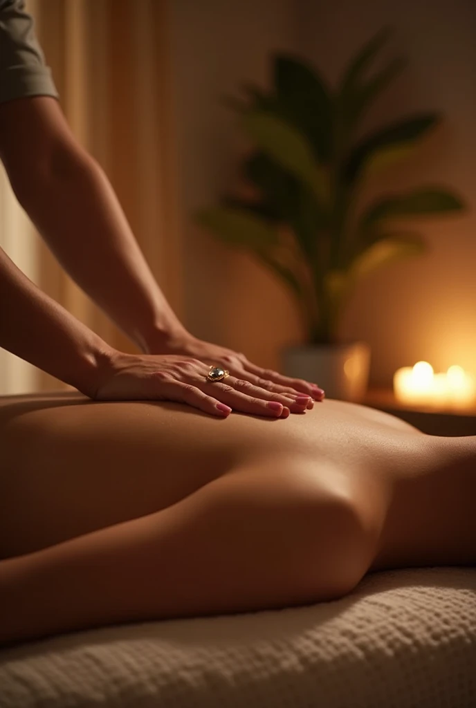 A Latina woman with long dark hair is completely nude in a spa setting of a hotel. The room is dimly lit with a soft, relaxing ambiance, featuring luxurious spa decor. She is lying face down on a massage table, with one hand directly touching her vaginal area. The woman has a poised, beautiful body with thick legs and a sexy look. Her figure is stacked, and she has a gorgeous face, even though she is mostly seen from the back. The scene is intimate and sultry, capturing the relaxation and allure of the spa experience while she maintains a seductive pose.