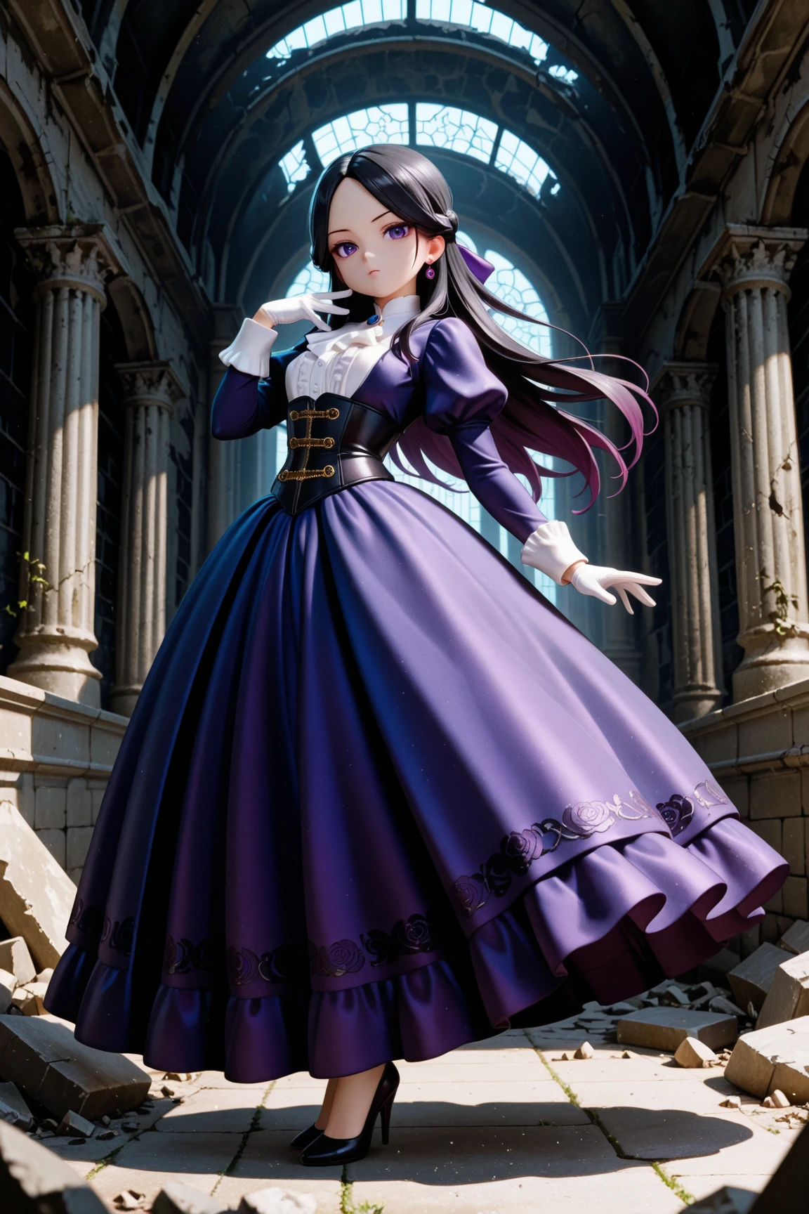 masterpiece, highest quality, amazing quality, perfect face, highest resolution, anime style,  anime style, 1lady, solo, young lady, villain, villain, bad guy, villain face, villain, cowardly, unpleasant young lady, young lady, evil, evil young lady, thin black hair, long hair, hairstyle with part tied back, forehead exposed, 7:3 parted bangs, young lady laugh, loud laughter, evil young lady, villain, hair shadow on eyes, strong shadow, young lady dress, princess dress, young lady dress, black, navy blue and purple frilly dress, dress with fur, Dress with high collar, villain dress, classic dress, long skirt dress, puffy skirt, corset, white gloves, high heels, fan with fur, bad girl pose, full body, dynamic pose, low angle, pose of a villainous young lady, apocalypse, aristocrat, aristocrat's clothes, medieval dress, corset, medieval hairstyle with hair in tangles, expressionless, Lifting rubble, strong, superhuman strength, tattered classic dress, dilapidated aristocrat's mansion, dilapidated classical architecture, abandoned classical architecture, ruins, dim, negative atmosphere