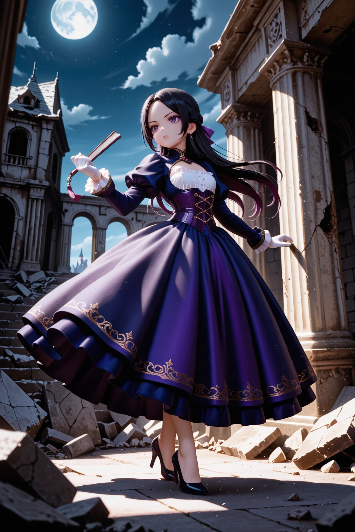 masterpiece, highest quality, amazing quality, perfect face, highest resolution, anime style,  anime style, 1lady, solo, young lady, villain, villain, bad guy, villain face, villain, cowardly, unpleasant young lady, young lady, evil, evil young lady, thin black hair, long hair, hairstyle with part tied back, forehead exposed, 7:3 parted bangs, young lady laugh, loud laughter, evil young lady, villain, hair shadow on eyes, strong shadow, young lady dress, princess dress, young lady dress, black, navy blue and purple frilly dress, dress with fur, Dress with high collar, villain dress, classic dress, long skirt dress, puffy skirt, corset, white gloves, high heels, fan with fur, bad girl pose, full body, dynamic pose, low angle, pose of a villainous young lady, apocalypse, aristocrat, aristocrat's clothes, medieval dress, corset, medieval hairstyle with hair in tangles, expressionless, Lifting rubble, strong, superhuman strength, tattered classic dress, dilapidated aristocrat's mansion, dilapidated classical architecture, abandoned classical architecture, ruins, dim, negative atmosphere