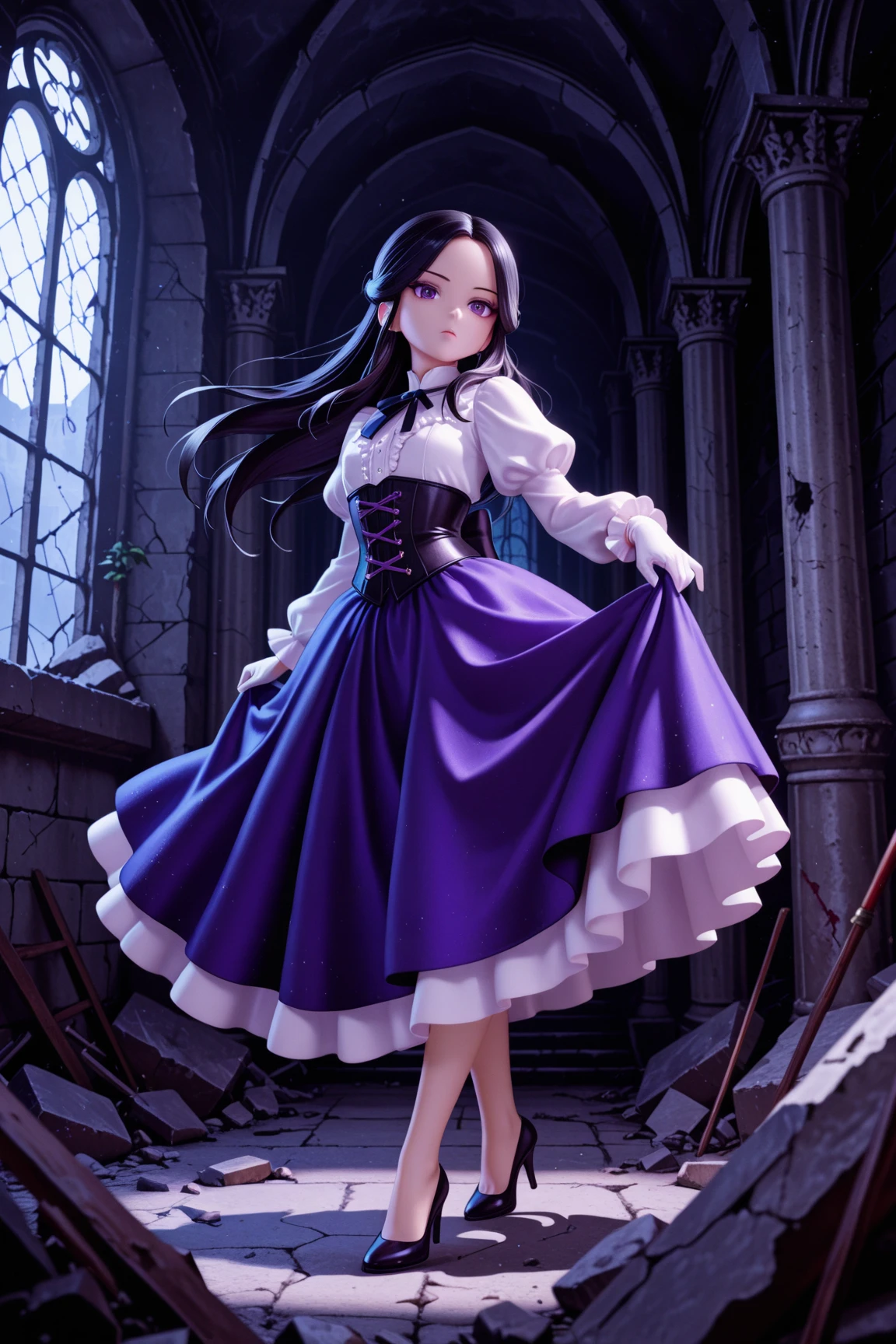 masterpiece, highest quality, amazing quality, perfect face, highest resolution, anime style,  anime style, 1lady, solo, young lady, villain, villain, bad guy, villain face, villain, cowardly, unpleasant young lady, young lady, evil, evil young lady, thin black hair, long hair, hairstyle with part tied back, forehead exposed, 7:3 parted bangs, young lady laugh, loud laughter, evil young lady, villain, hair shadow on eyes, strong shadow, young lady dress, princess dress, young lady dress, black, navy blue and purple frilly dress, dress with fur, Dress with high collar, villain dress, classic dress, long skirt dress, puffy skirt, corset, white gloves, high heels, fan with fur, bad girl pose, full body, dynamic pose, low angle, pose of a villainous young lady, apocalypse, aristocrat, aristocrat's clothes, medieval dress, corset, medieval hairstyle with hair in tangles, expressionless, Lifting rubble, strong, superhuman strength, tattered classic dress, dilapidated aristocrat's mansion, dilapidated classical architecture, abandoned classical architecture, ruins, dim, negative atmosphere