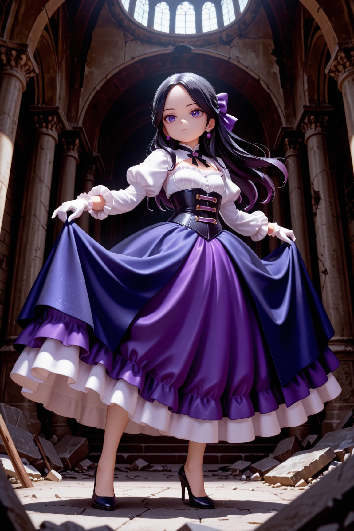 masterpiece, highest quality, amazing quality, perfect face, highest resolution, anime style,  anime style, 1lady, solo, young lady, villain, villain, bad guy, villain face, villain, cowardly, unpleasant young lady, young lady, evil, evil young lady, thin black hair, long hair, hairstyle with part tied back, forehead exposed, 7:3 parted bangs, young lady laugh, loud laughter, evil young lady, villain, hair shadow on eyes, strong shadow, young lady dress, princess dress, young lady dress, black, navy blue and purple frilly dress, dress with fur, Dress with high collar, villain dress, classic dress, long skirt dress, puffy skirt, corset, white gloves, high heels, fan with fur, bad girl pose, full body, dynamic pose, low angle, pose of a villainous young lady, apocalypse, aristocrat, aristocrat's clothes, medieval dress, corset, medieval hairstyle with hair in tangles, expressionless, Lifting rubble, strong, superhuman strength, tattered classic dress, dilapidated aristocrat's mansion, dilapidated classical architecture, abandoned classical architecture, ruins, dim, negative atmosphere