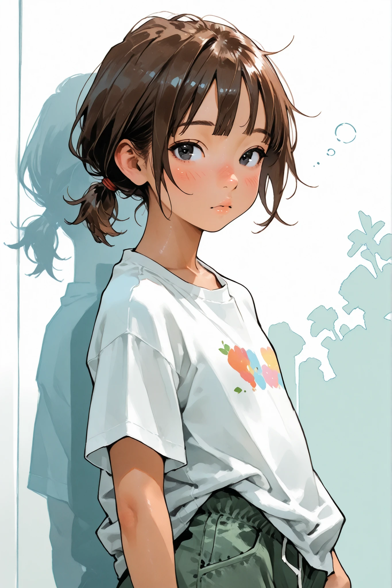 1girl,Super Detailed,absolute resolution,(dynamic angles),(tanned skin:0.3),(portrait),((pinup)),cowboy shot,from side,
sleepy,beside viewer,
((white t-shirt)),((untucked T-shirt)),board shorts,Bare Foot,
detailed and beautiful face and eyes,black eyes,eyes reflection,Japanese girl,flat chest,(round nose:0.5),
brown hair, low ponytail,short ponytail,choppy bangs,(messy hair:0.7),
(blush:0.7),(nose blush:0.7),,Watercolor anime,