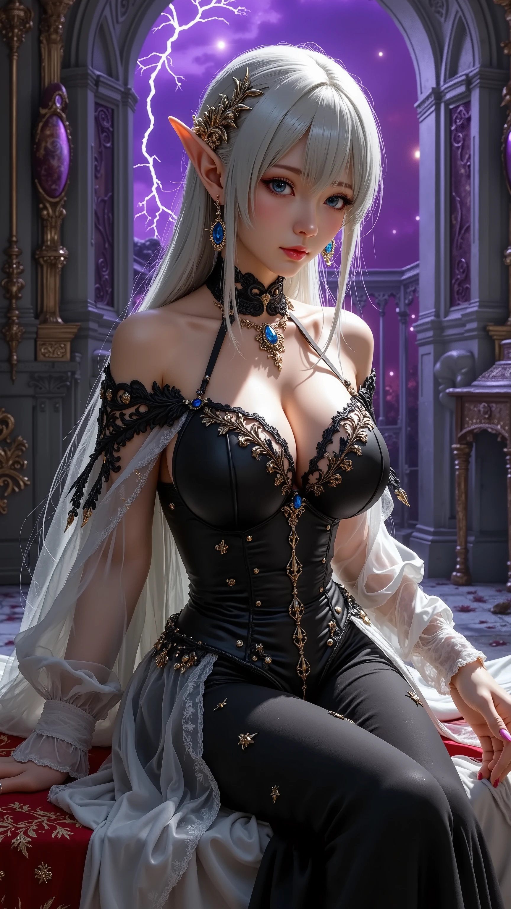 Emma Frost, seductively reclined on a velvet throne, her big breasts accentuated by a low-cut, shimmering white bodysuit. Her icy blue eyes, as hard and unyielding as frozen diamonds, pierced through the crowd of her loyal subjects. Textura 8K, realista, fotorrealista, HDR, foco nítido, high-definition.
Breathtakingly detailed, her frozen heart emblem glinted on her chest, surrounded by intricate, obsidian-black lace fabric. Her snow-white hair cascaded in soft waves, illuminated by cinematic light and subtle HDR, creating