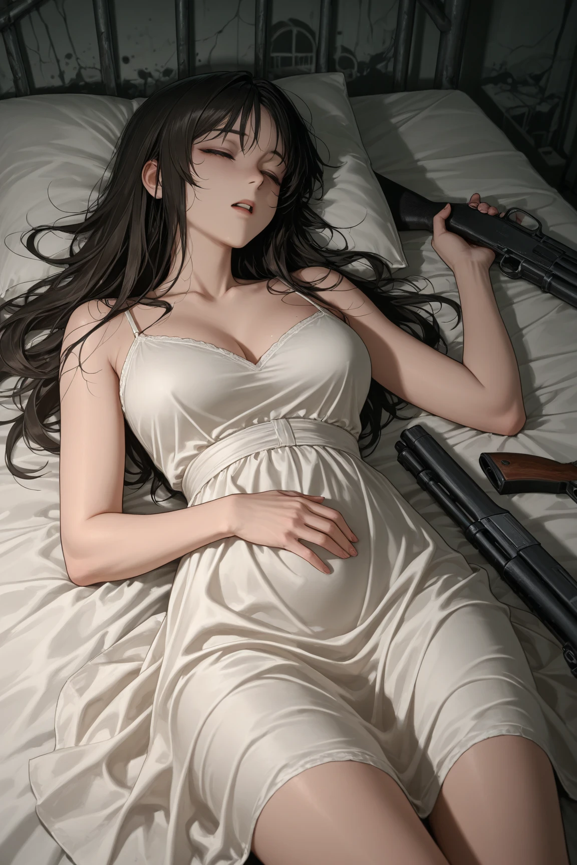 Masterpiece, hyper detailed 8k, perfect anatomy, lying, 2rich Short black haired girls nude, money and gun on bed, looking at viewer, slender body, blue eyes, flashing Pussy, showing Titties, seductive blush, arms up, from below, young and very pretty girl, sheer, gleaming skin, upper tits, on gray colored bed, (accurate depiction of real girls Pussy and breasts), money and gun on bed, full body shot, girls wearing black high heels, diamond ring, golden earrings, golden watch, large pearl necklace, navel piercing on belly button and Christina piercing on her pussy, only small pearl white bra, sexy bangles, straight legs, Spreading her pussy, full body shot, black short hair, showing butt, backshot