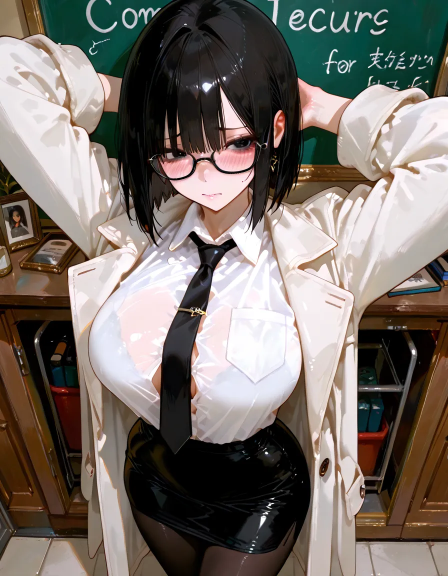 (Upper body close-up:1.5)、(Huge breasts,Cleavage:1.8),Anna Yamada,smiling、(naked:1.9)、(Are standing)、(in library room)、Bookshelf、(Wearing a collar:1.5)、Earrings、Earrings,(Delicate facial features:1.5)、(masterpiece, Highest quality, High resolution, Super detailed, 8k, 4K),(Put your hands behind your head:1.9),ponytail,(Beautiful Face:1.5),(Steam coming out of the sides:1.9)、Wearing glasses、looks happy、Upper body only、Cleavage、The body is facing forward