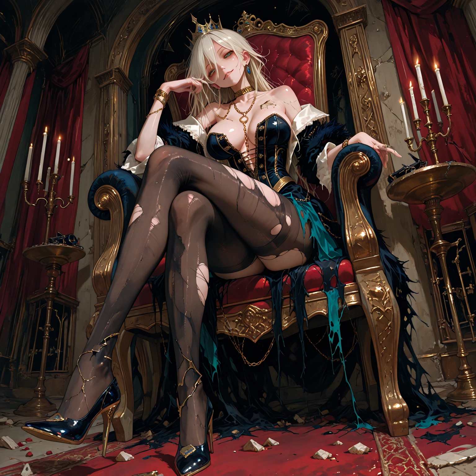 Gothic fashion woman，(masterpiece, Highest quality) detailed,Silver Accessories , blonde ,Pointy Ears ，(Lace Underwear)，Double Tail，Waist-length hair，smile，White lace socks，Rococo、Gorgeous dress
