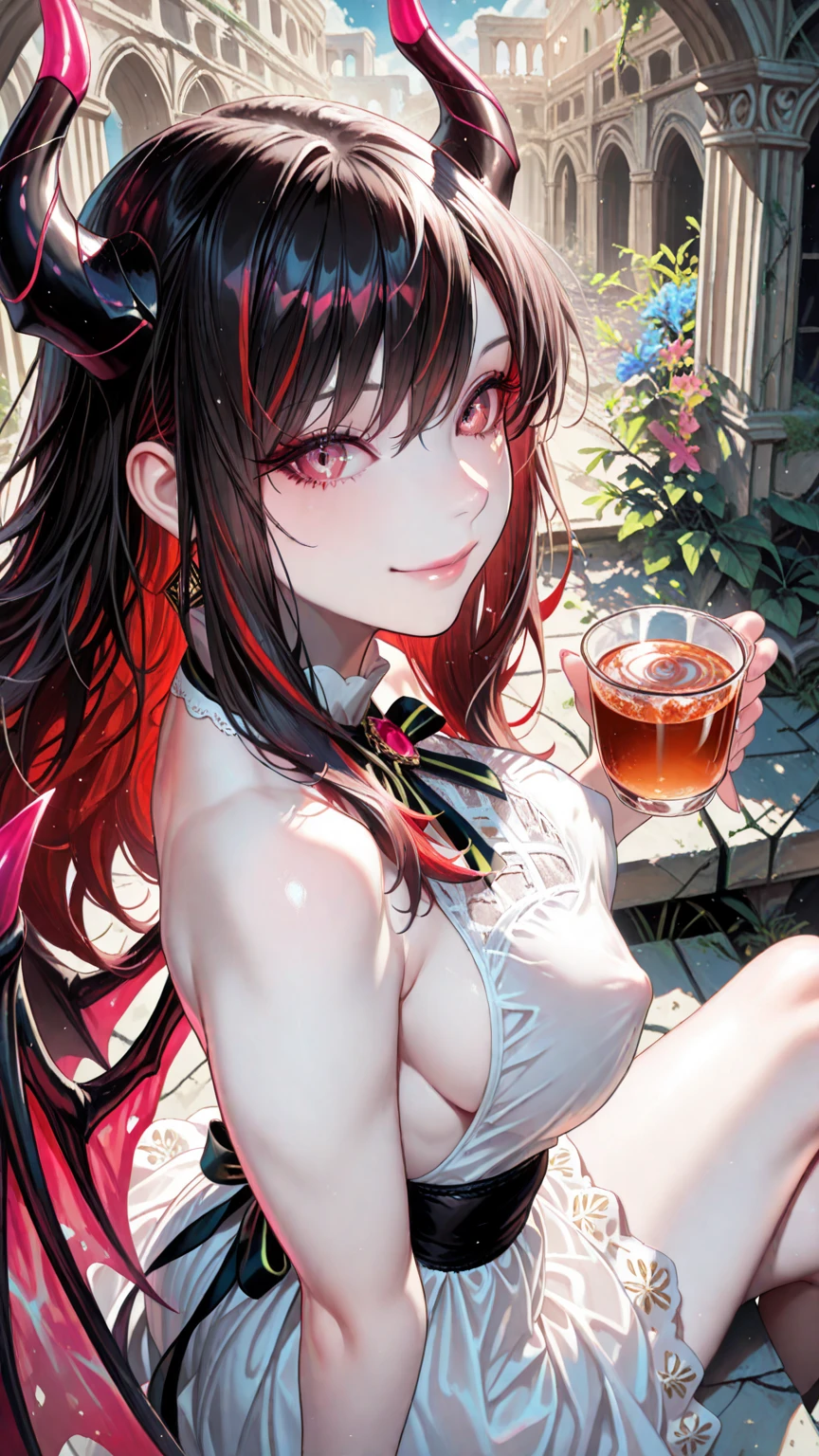 blush, smileglowing aura, natural light, masterpiece, glossy skin, juicy lips , ,sexy, hot, evil,juicy lips hour glass, , juicy lips, , small , huge ass, blue horns, red eyes, black hair, two plaited pony tails, pointed ears, elf ears, pointed eyes, cat eyes, demon horns