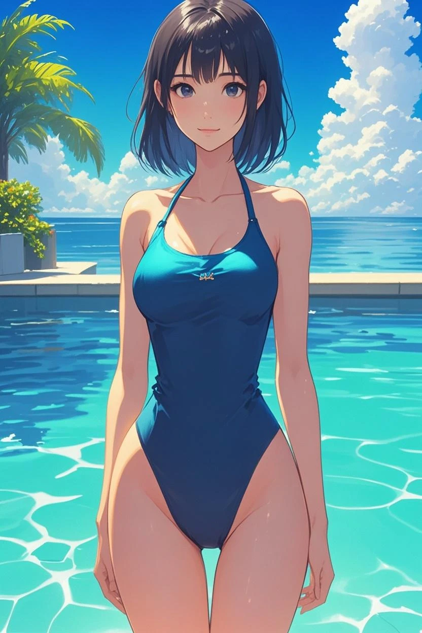 (Masterpiece), (Best Quality), (Swimsuit), (Competitive Swimsuit), Seaside City, Overlooking the Sea, One Girl Close Up, Parker, Elf, Silver Hair, Red Eyes, Bob Cut, Concept Art, Official Art, Beautiful Anime Scene, Beautiful Anime Landscape, Anime Landscape, Top Rated on pixiv