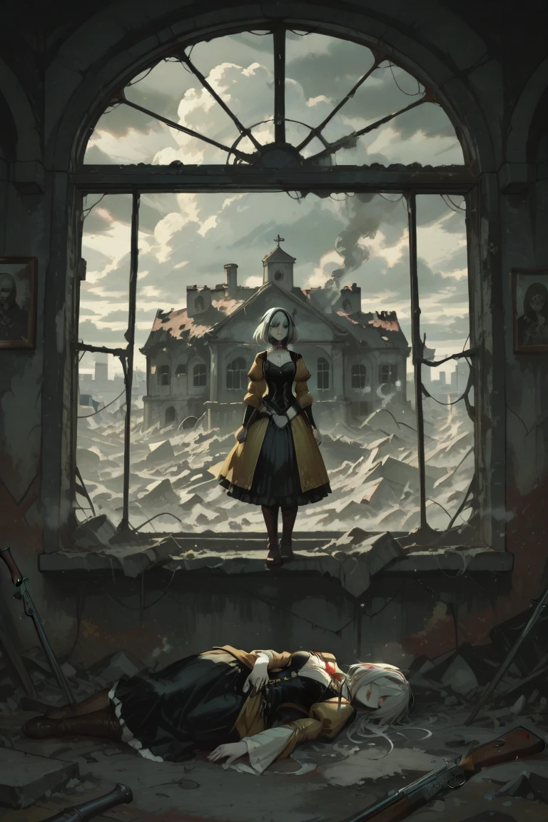 quality(8k wallpaper of extremely detailed CG unit, masterpiece, hight resolution, top-quality, top-quality ,hyper realisitic, digitial painting,increase the resolution,RAW photos,best qualtiy,highly detailed,the wallpaper),BREAK,8K, Girl standing in dark, dirty black dress, long white hair covers her face, mist, broken trees and messed landscape, skulls, skeletons, rats, horror scene, blood,